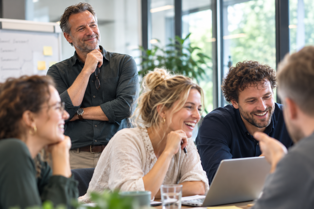 Leidinggevende in gesprek met zijn team