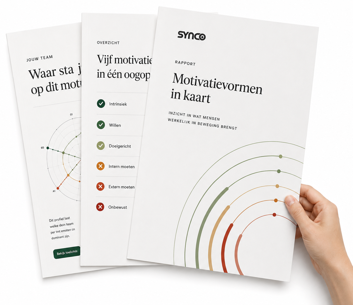 Drie pagina's uit het Synco-rapport Motivatievormen in kaart.