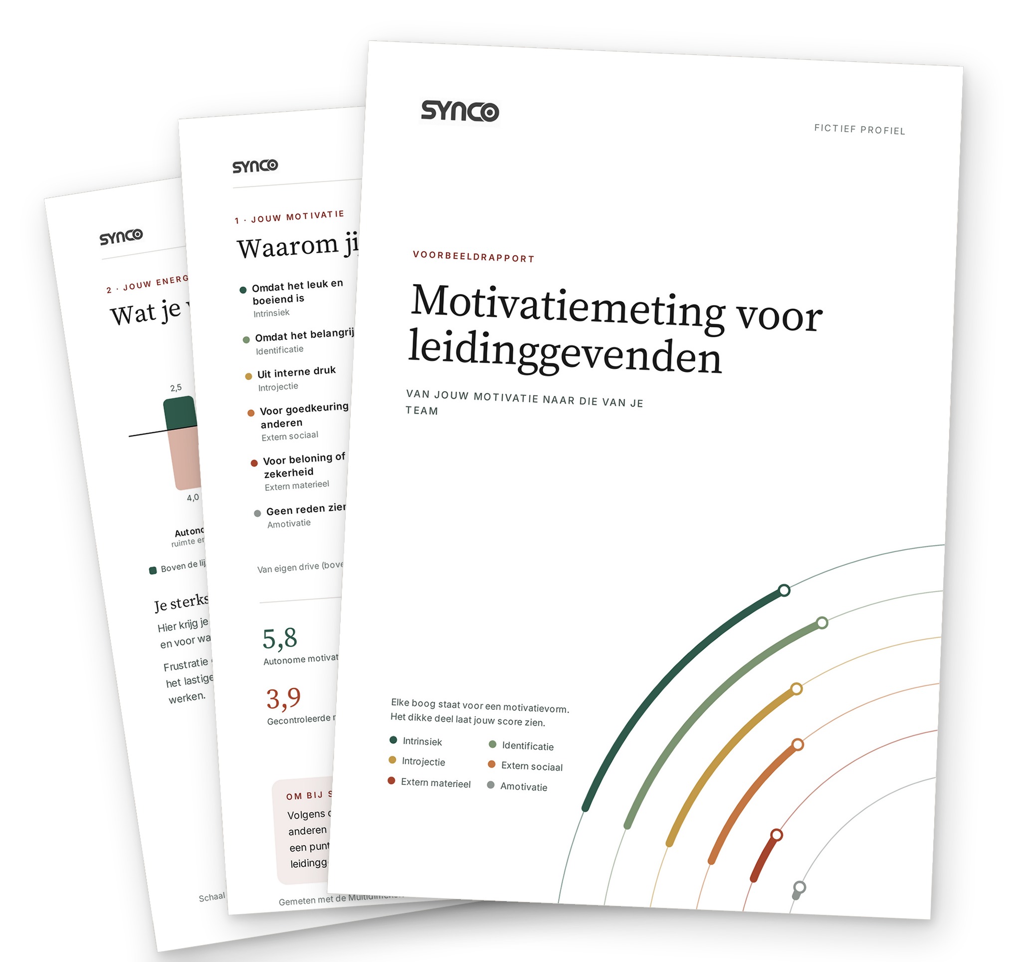 Het voorbeeldrapport van de motivatiemeting: de omslag en twee binnenpagina's