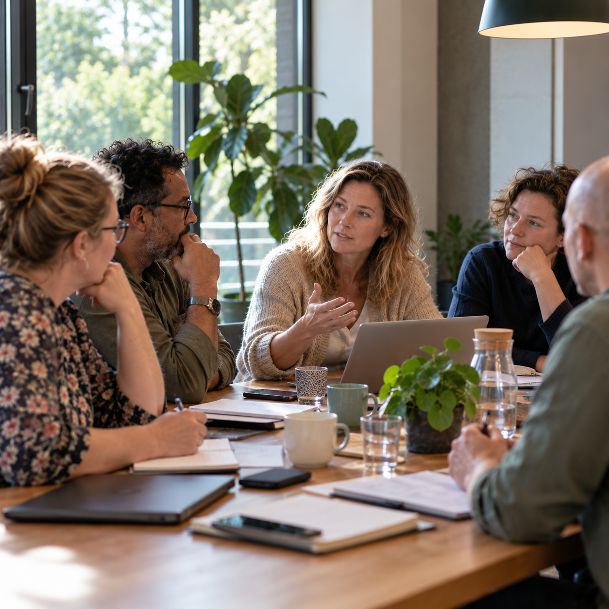 Collega's in overleg bij het raam